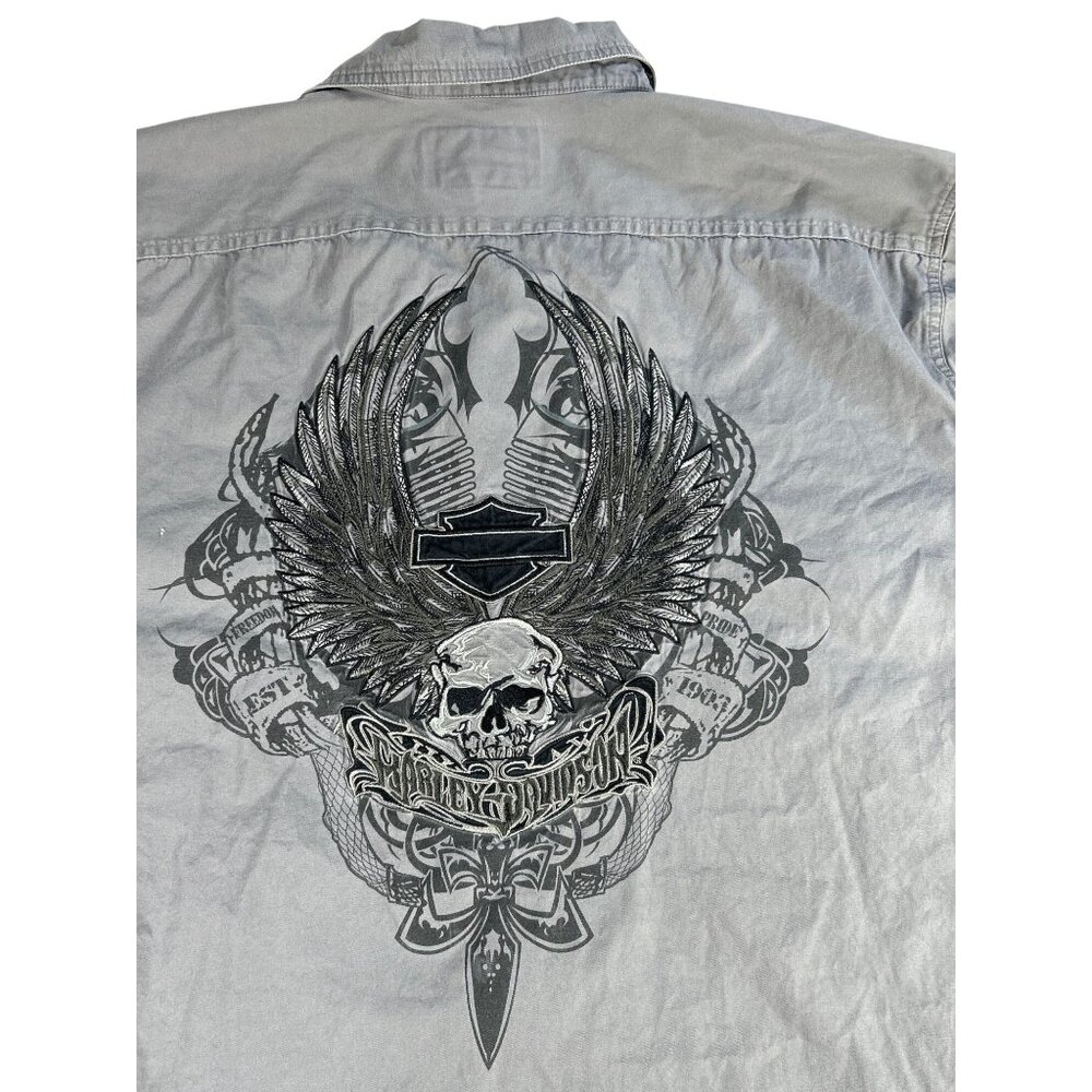 Harley Davidson Gray Button-Up Shirt Men's 3XL Skull Wing Embroidered Biker Hog